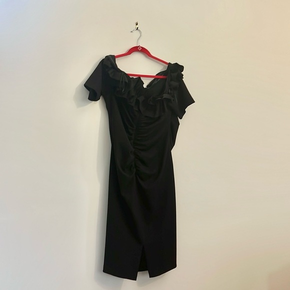 Xscape Off-the-Shoulder Ruffle Neck Short Sleeve Stretch Scuba Crepe Dress - Picture 10 of 16